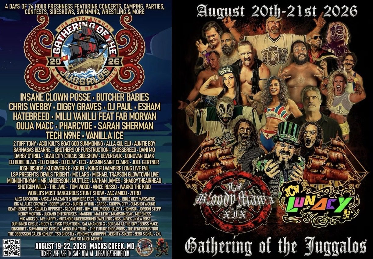 Psychopathic Records Reveals the Lineup for the 26th Annual Gathering of the Juggalos, JCW Announces “Bloodymania XIX” for Same Week Psychopathic Records Reveals the Lineup for the 26th Annual Gathering of the Juggalos, JCW Announces “Bloodymania XIX” for Same Week